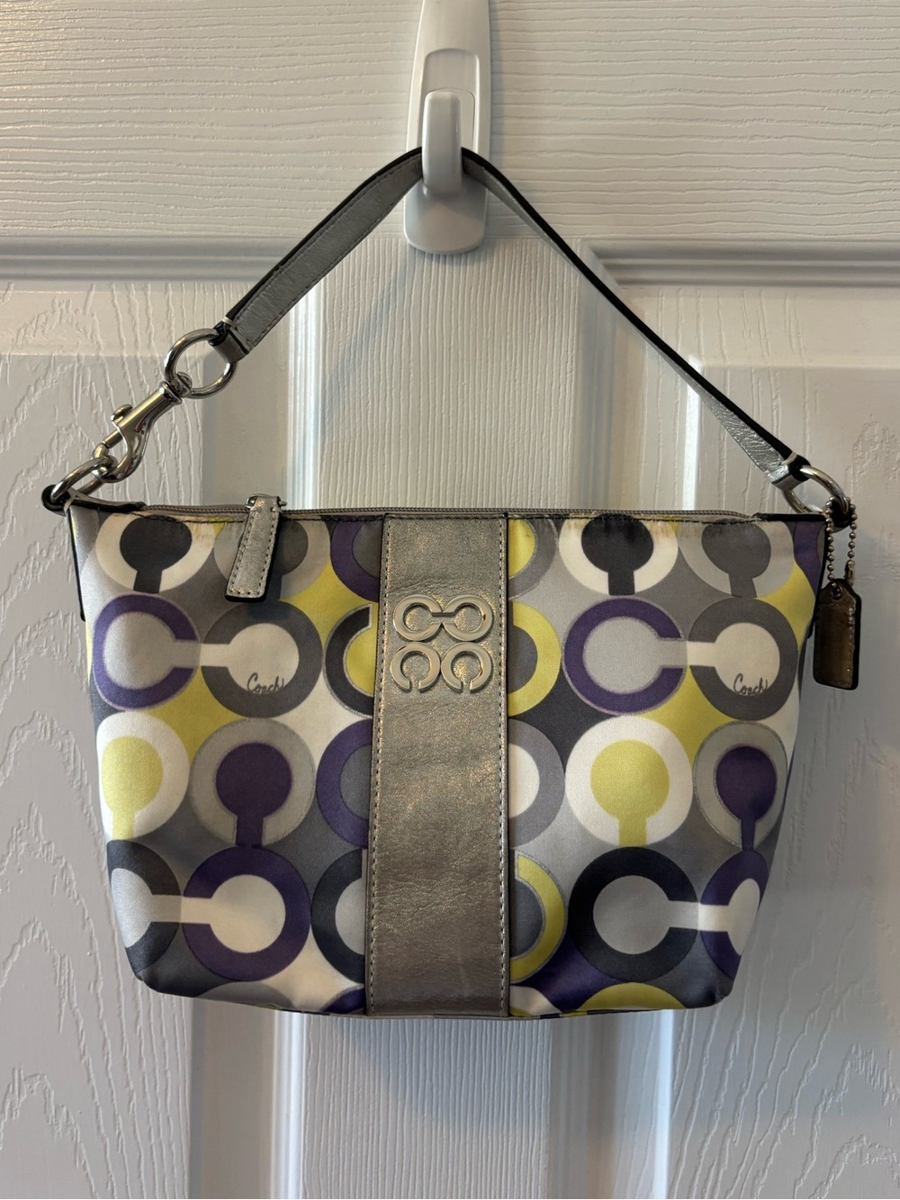 Coach Julia Op Art Silk Scarf Print With Metallic Leather Trim Shoulder Bag Y2K
